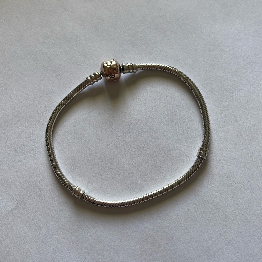 Pandora Retired Rose Gold Plated Barrel Clasp Snake Chain Charm Bracelet